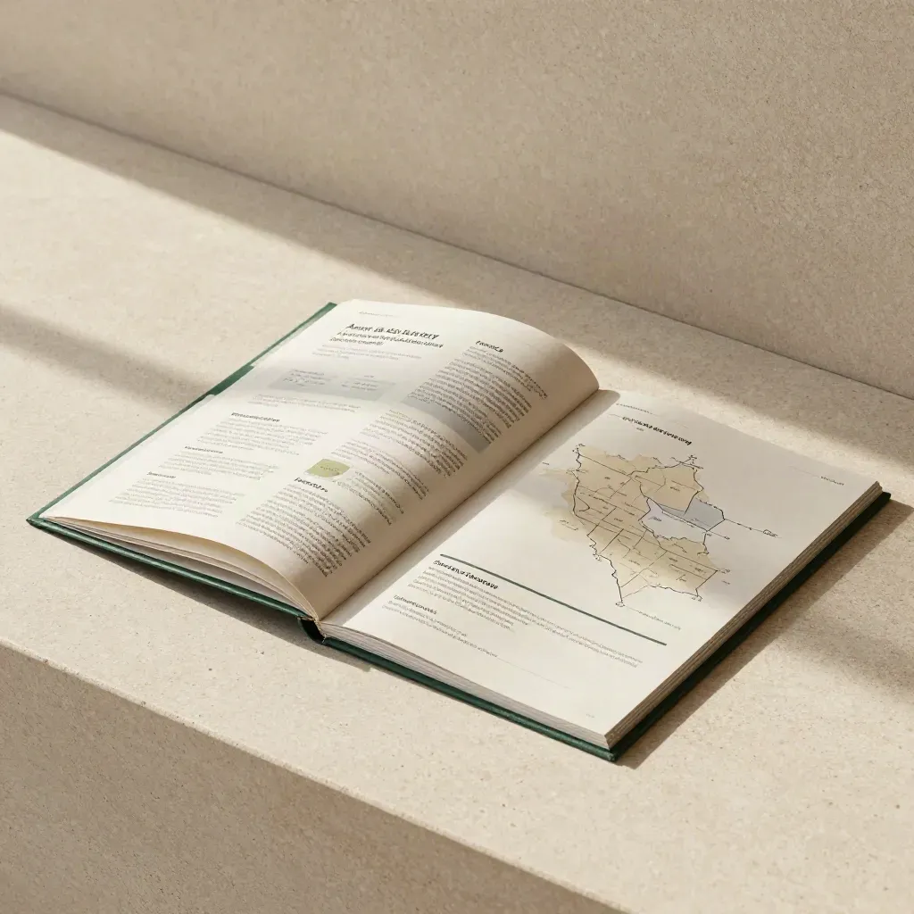 Half-open acreage report booklet with green inserts on pale travertine, side view