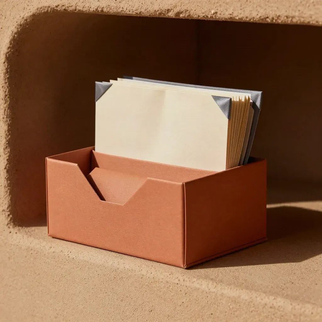 Closed rural deal support box with folders and sleeves on a clay shelf, lit by raking light.