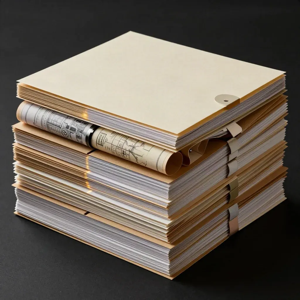 Dense land-selling bundle with folders, map tubes, title packet sleeves and closing materials on a dark surface.