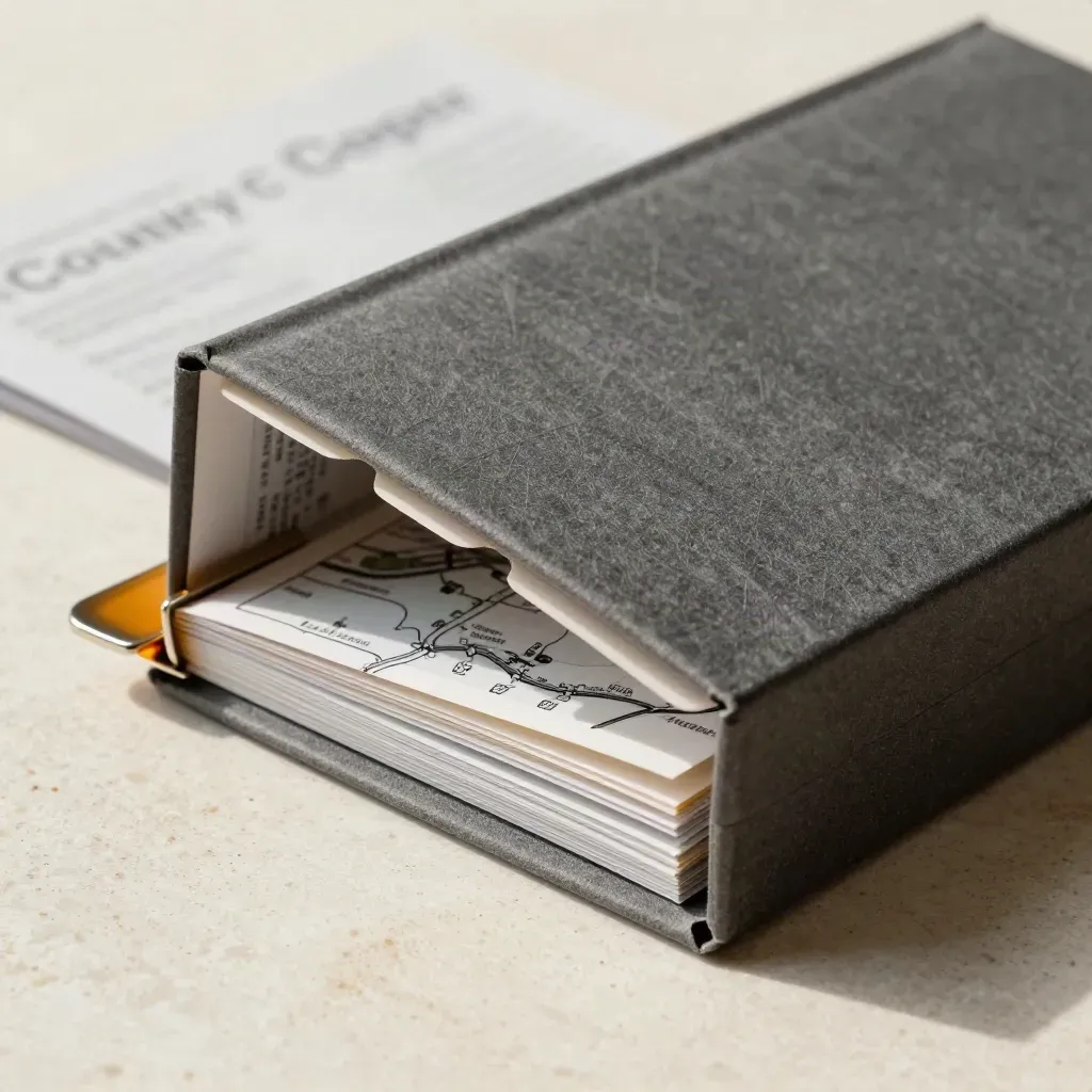 Charcoal county comps folio open on travertine with tabs, map strip, and metal clip