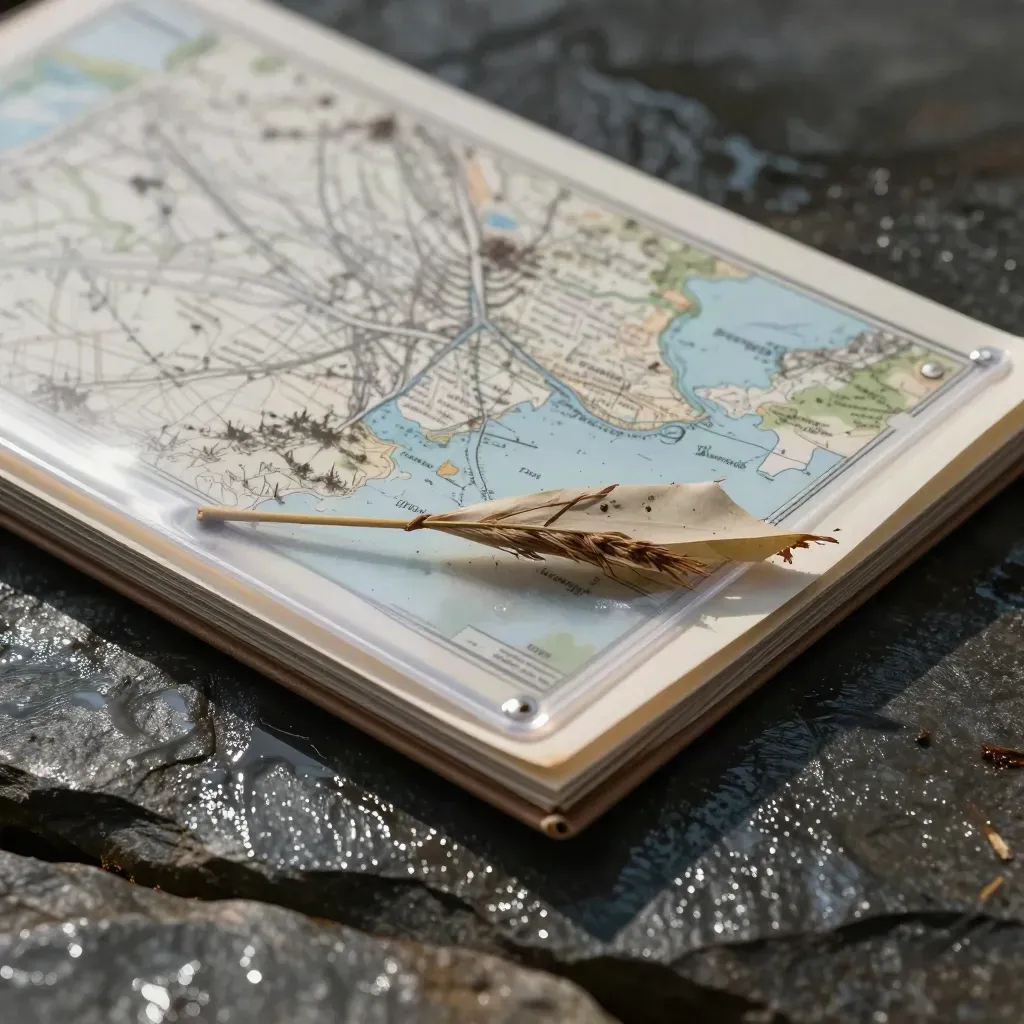Wetland check note folder with acetate sleeve, muddy map overlay, and reed sample on wet stone.