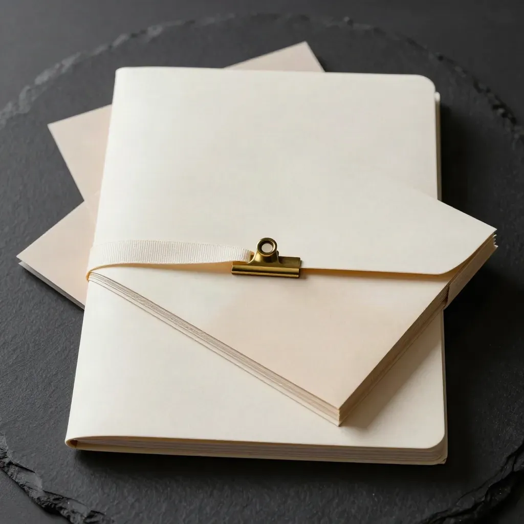 Cream title review pack with ribbon tie and brass clip on matte black, overhead product shot.