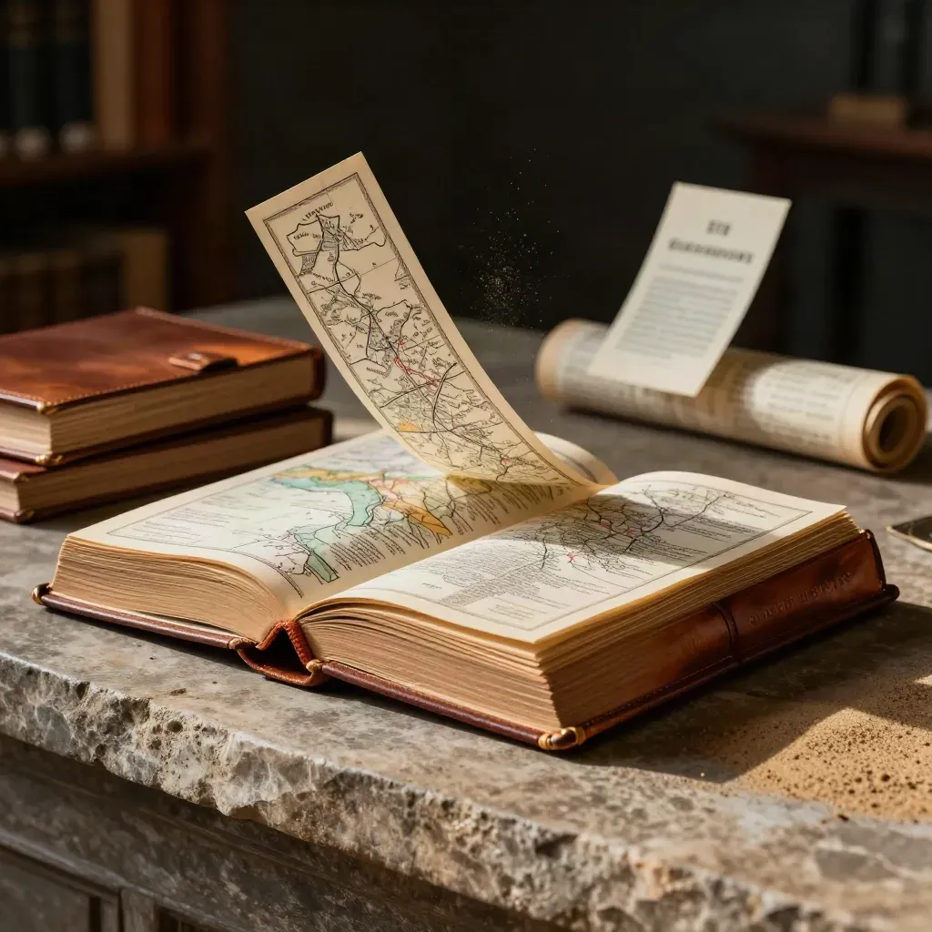 Leather-bound ranch price guide atlas with tabs and lifted ribbon on a limestone ledge.