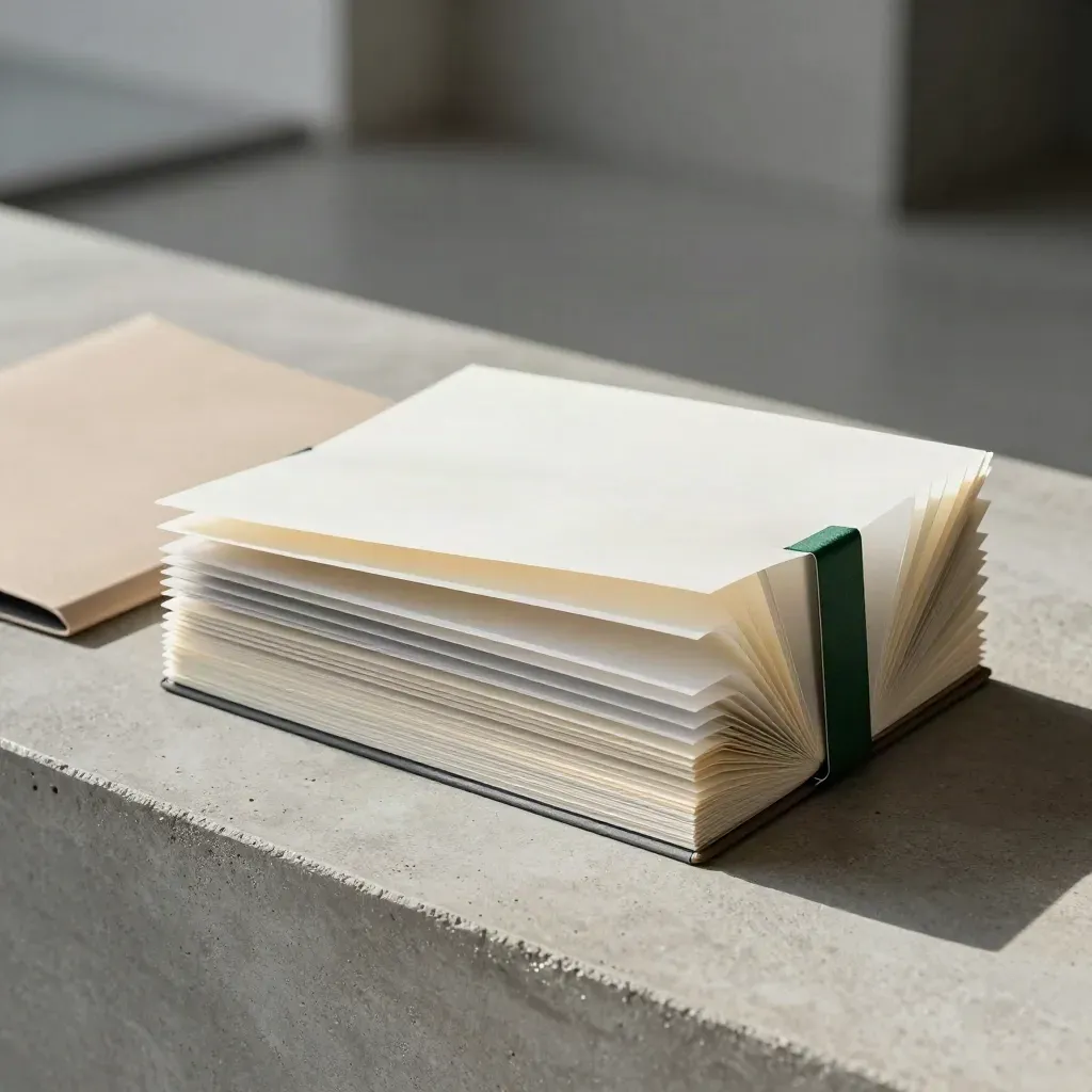 Accordion closing timeline kit fanned open on concrete with green accents and blurred land-deal sleeves