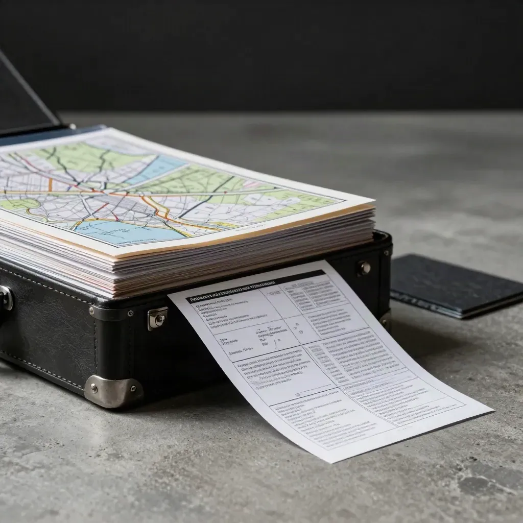 Half-open parcel scan case with map sleeve and zoning cards on dark concrete.