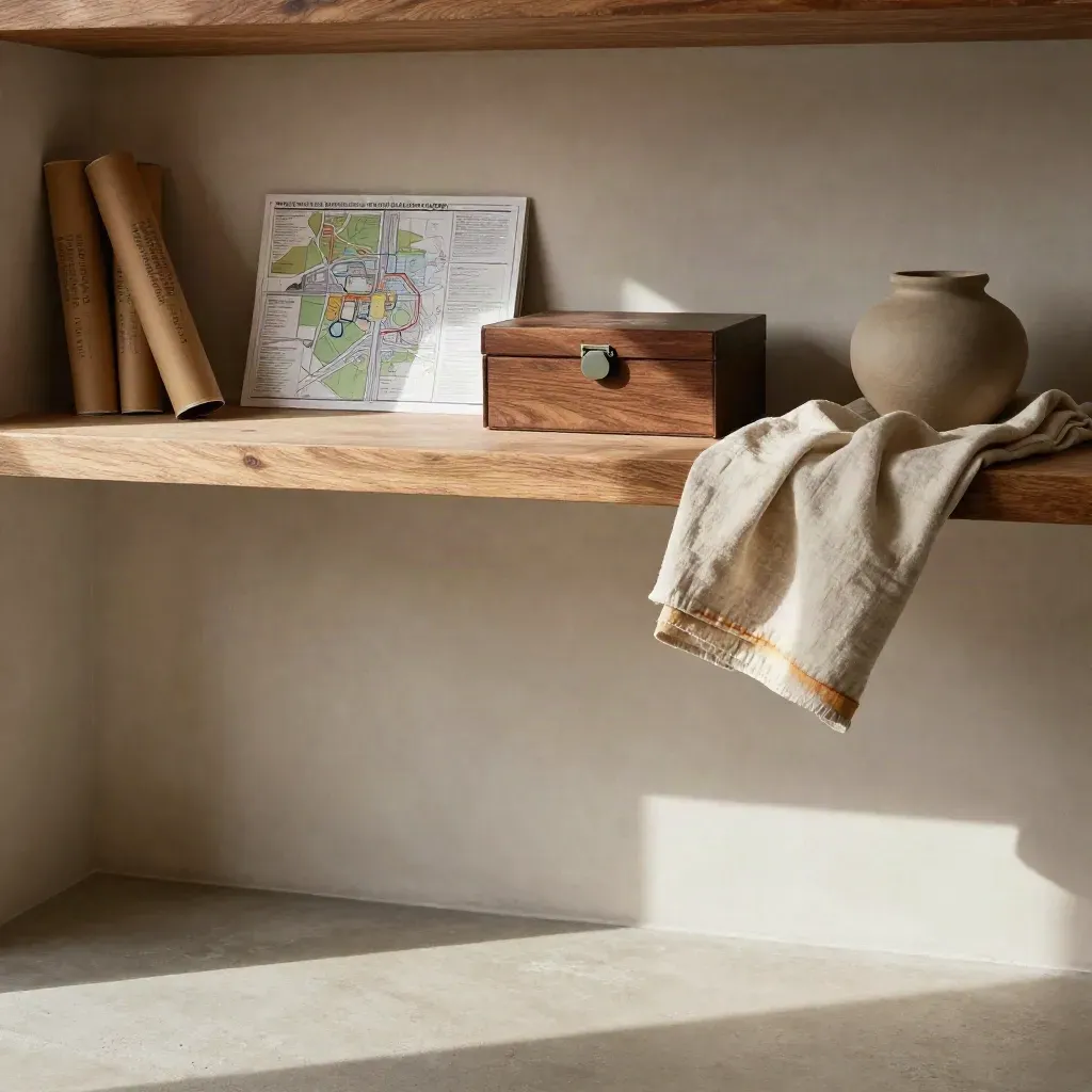 Warm rural studio nook with land brokerage tools on oak shelving and soft daylight.