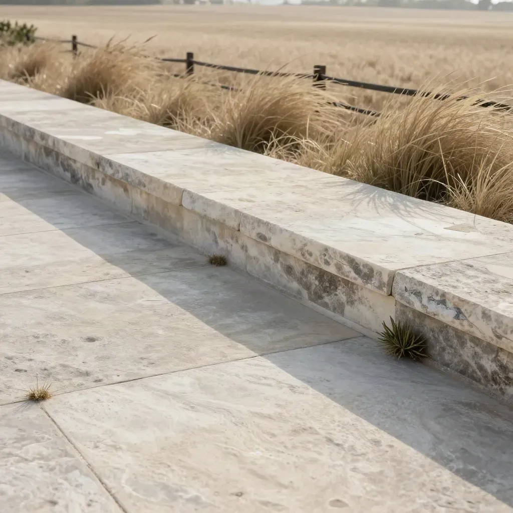 Pale limestone terrace, dry grass verge, and blurred fence line under raking afternoon light.