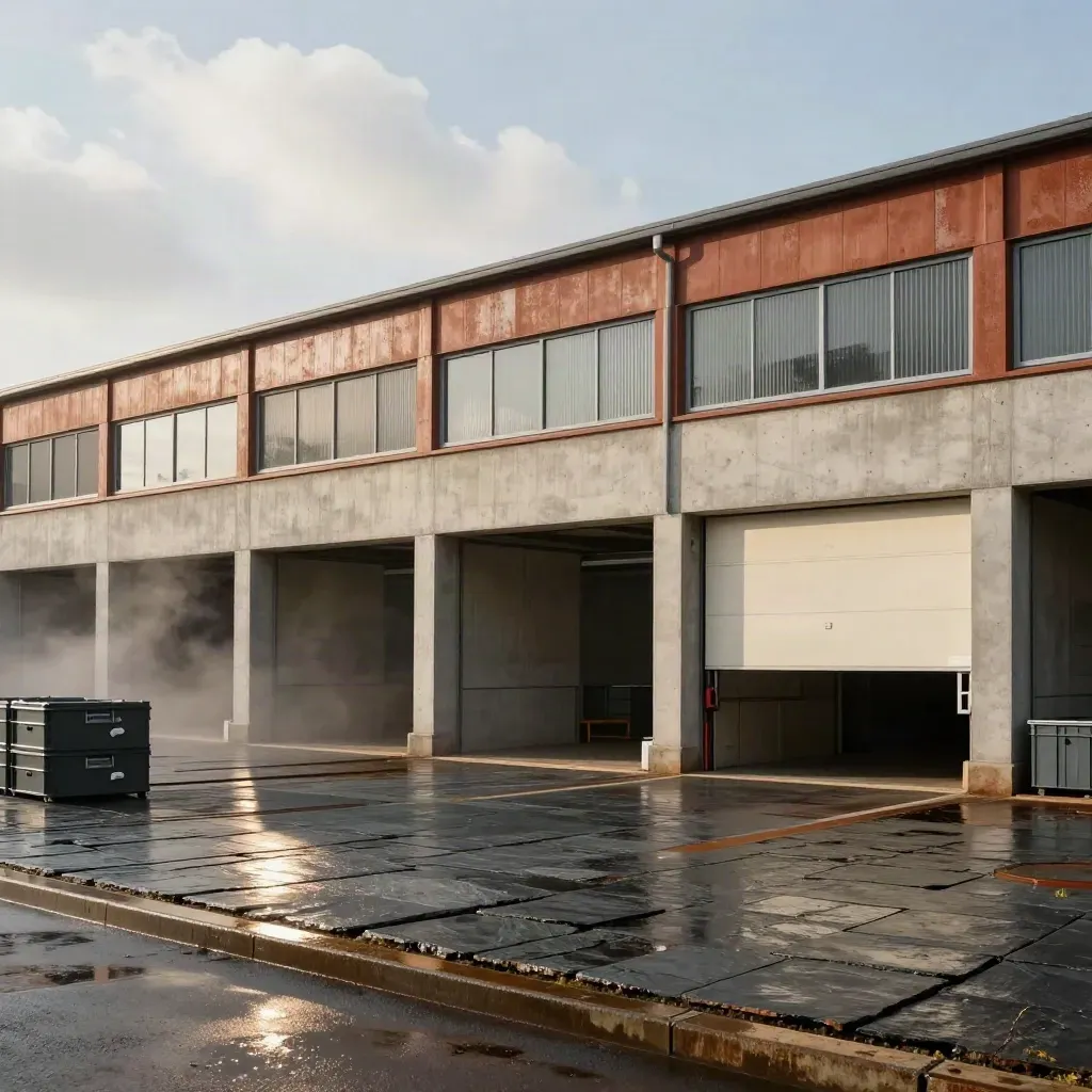 Rain-dark forecourt before a concrete and steel agricultural archive, with puddles, vapor, and sunlit facade.