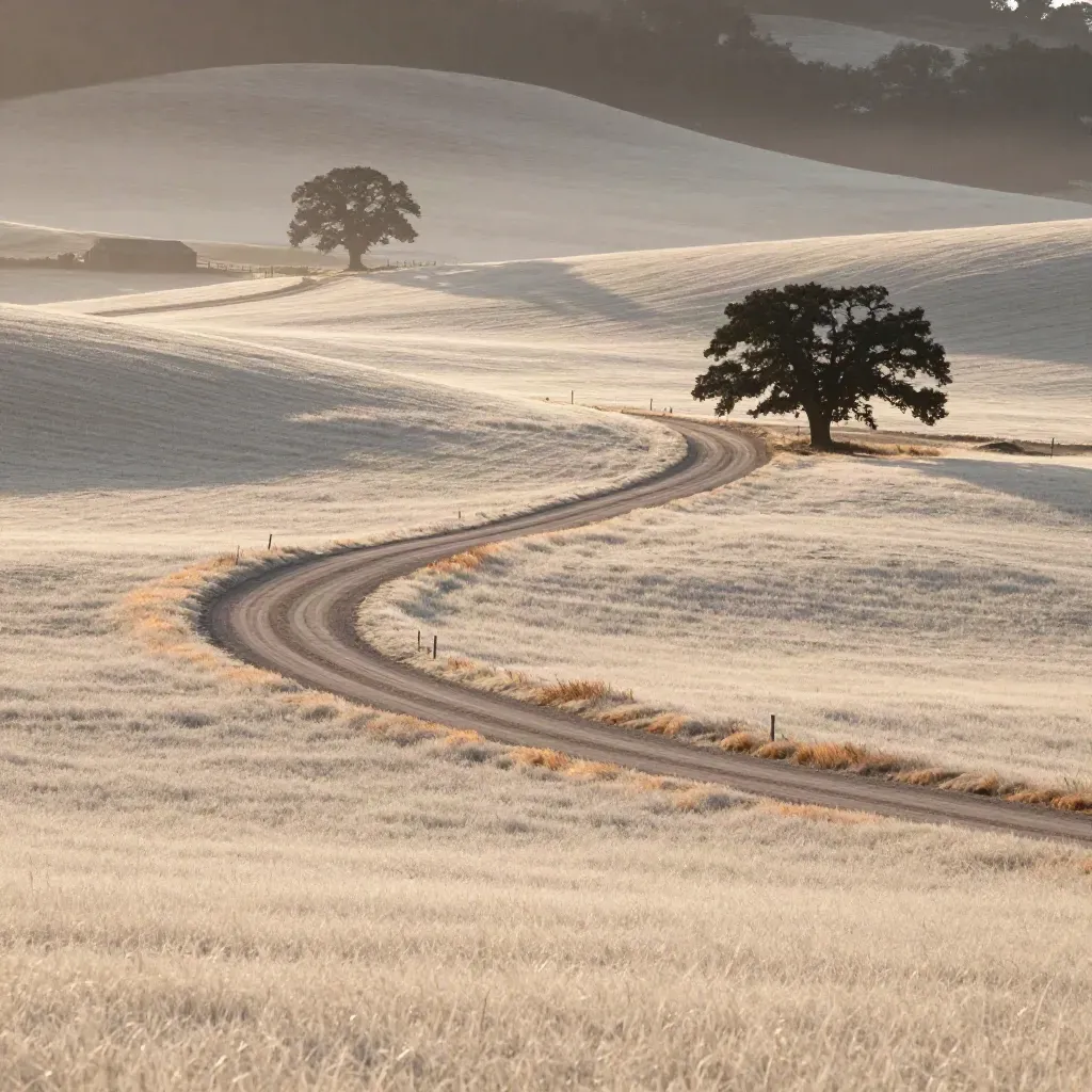 Dusk pasture with a dirt lane, oaks, a distant barn, and mist over calm open land.