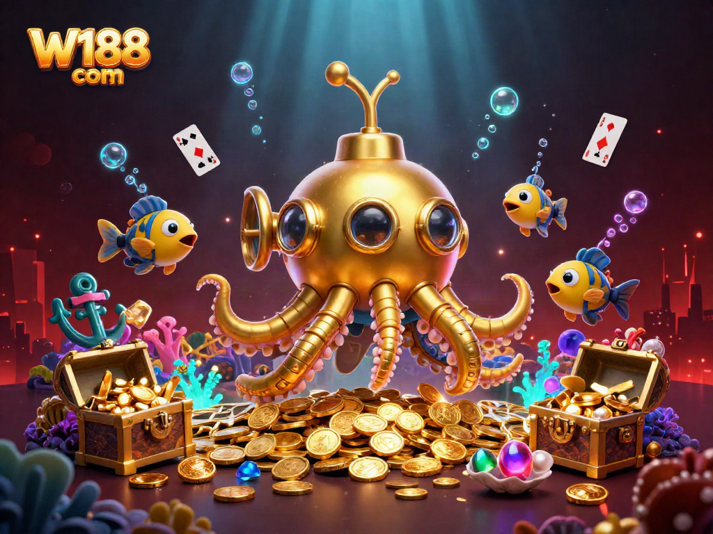 Experience thrilling gambling with W188 com in this vibrant underwater casino scene.