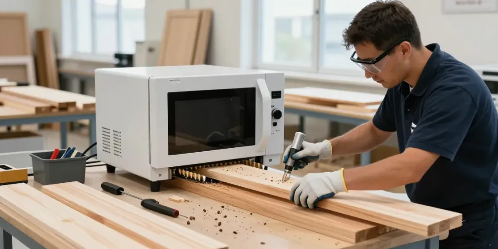 SHASHEL® technician treating wood with microwave technology for effective insect elimination.