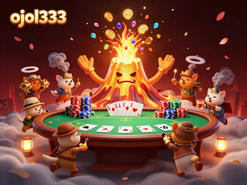 Experience thrilling gaming with ojol333's vibrant volcano scene filled with treasures and casino excitement.