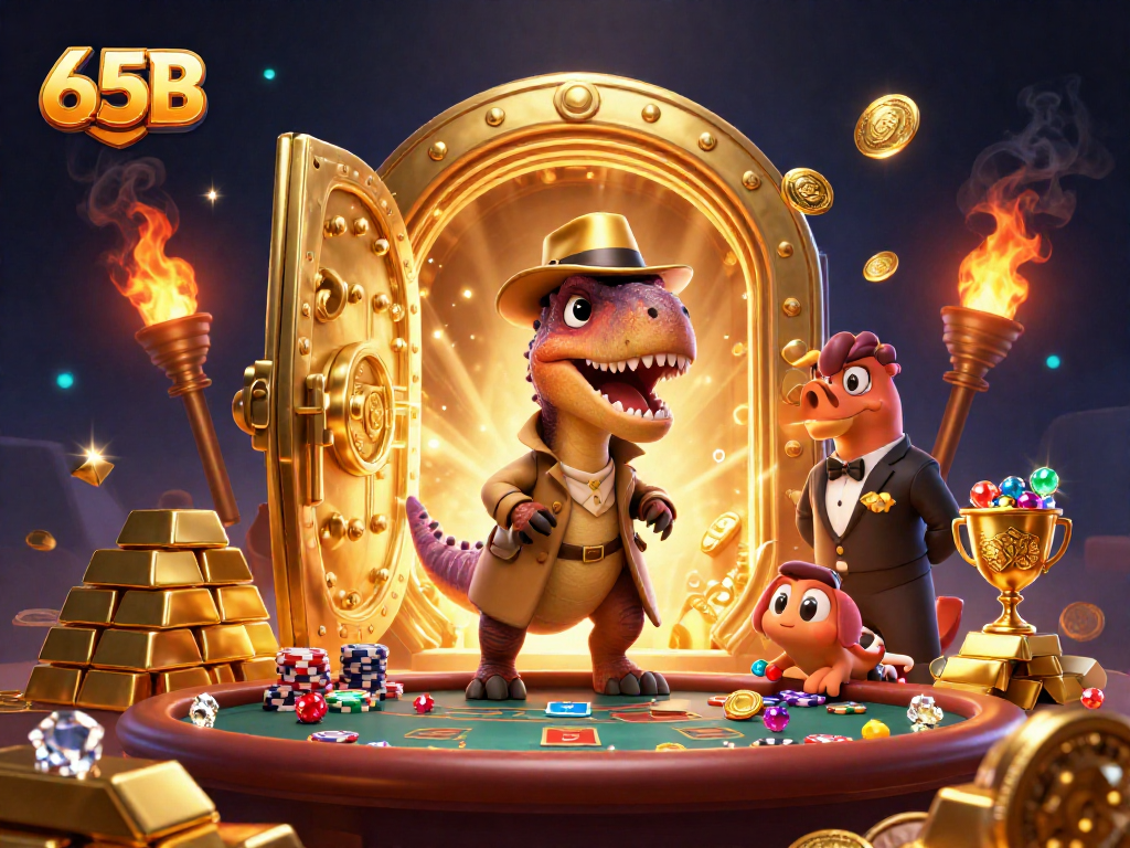 Ilustração 3D de um velociraptor no jogo de blackjack no estilo 65B, cercado por tesouros e diversão