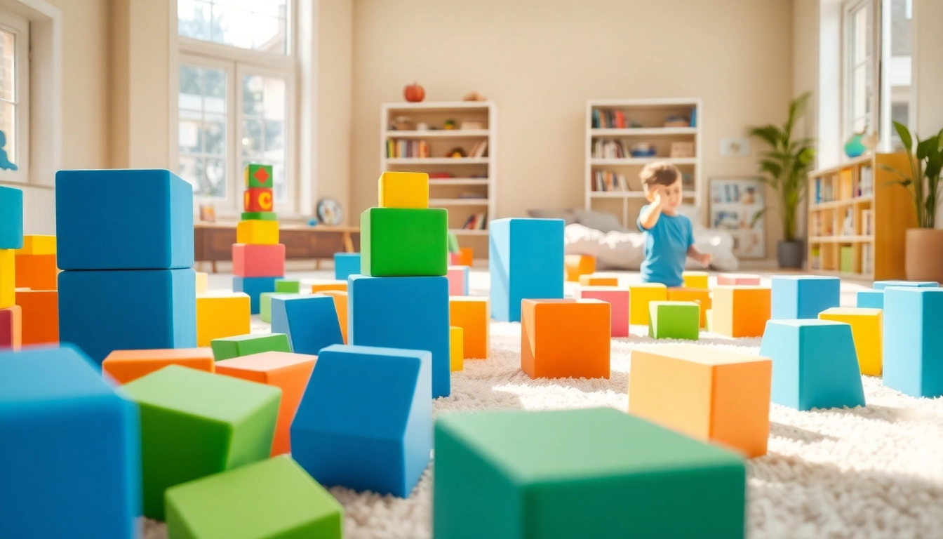 Find out more about kids stacking giant foam blocks in a bright playroom setting.