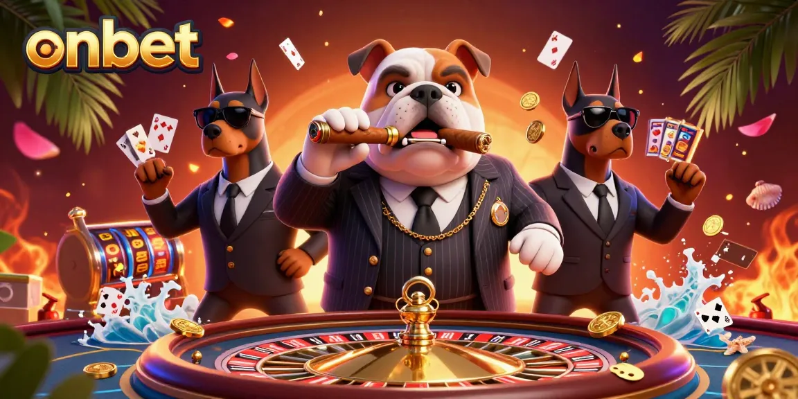 Experience excitement at onbet with a dynamic casino scene featuring a 3D cartoon mafia boss and thrilling elements.