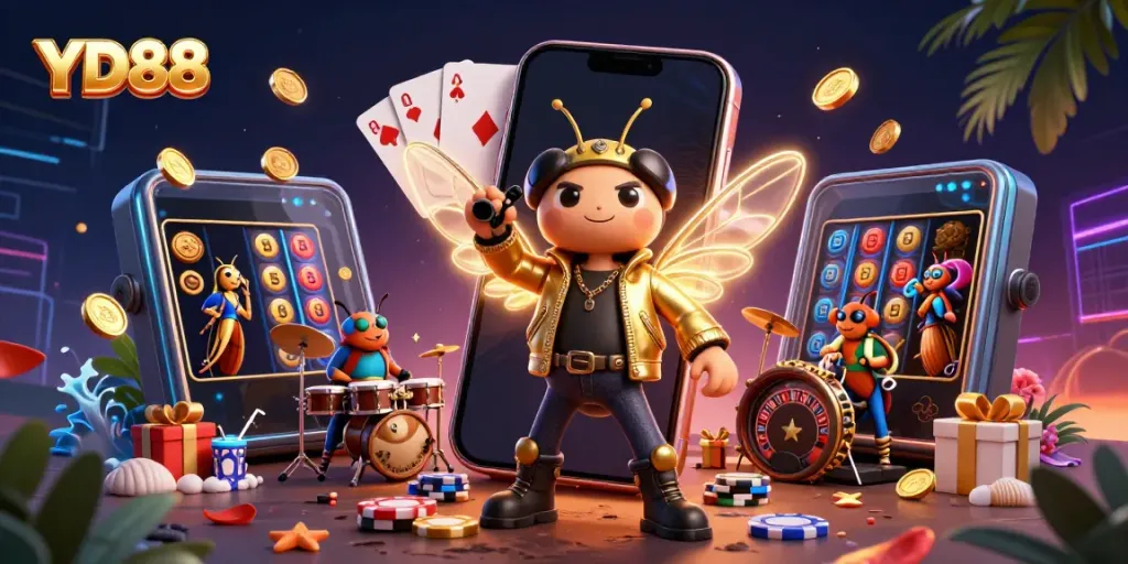 Experience thrilling gameplay at YD88 with an immersive casino scene featuring vibrant slot games and lively characters.