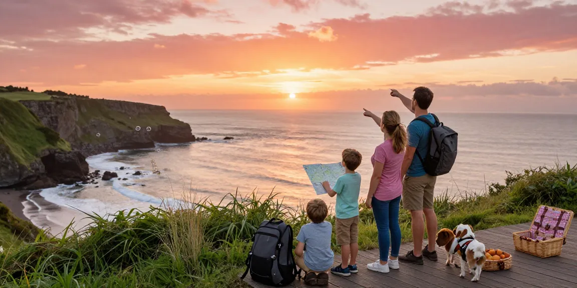 Family enjoying scenic coastal view; slot qris on map as they plan adventure.