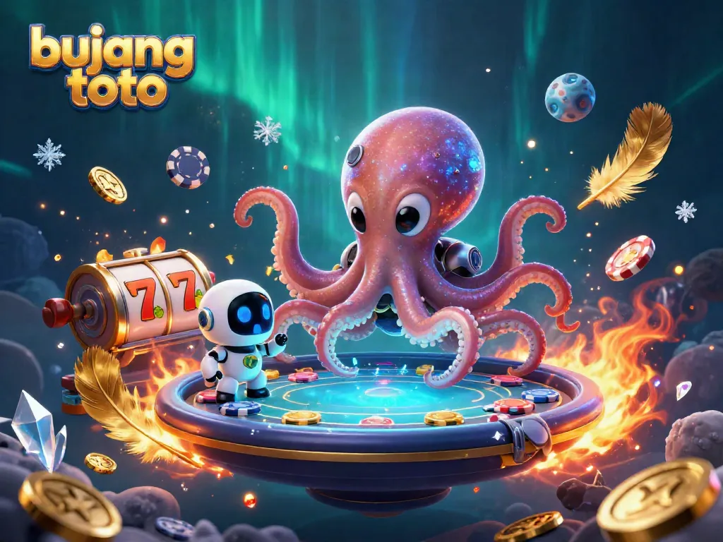 Engage in thrilling bujang toto gaming as a quirky alien octopus operates a poker table amidst a vibrant, cosmic atmosphere.