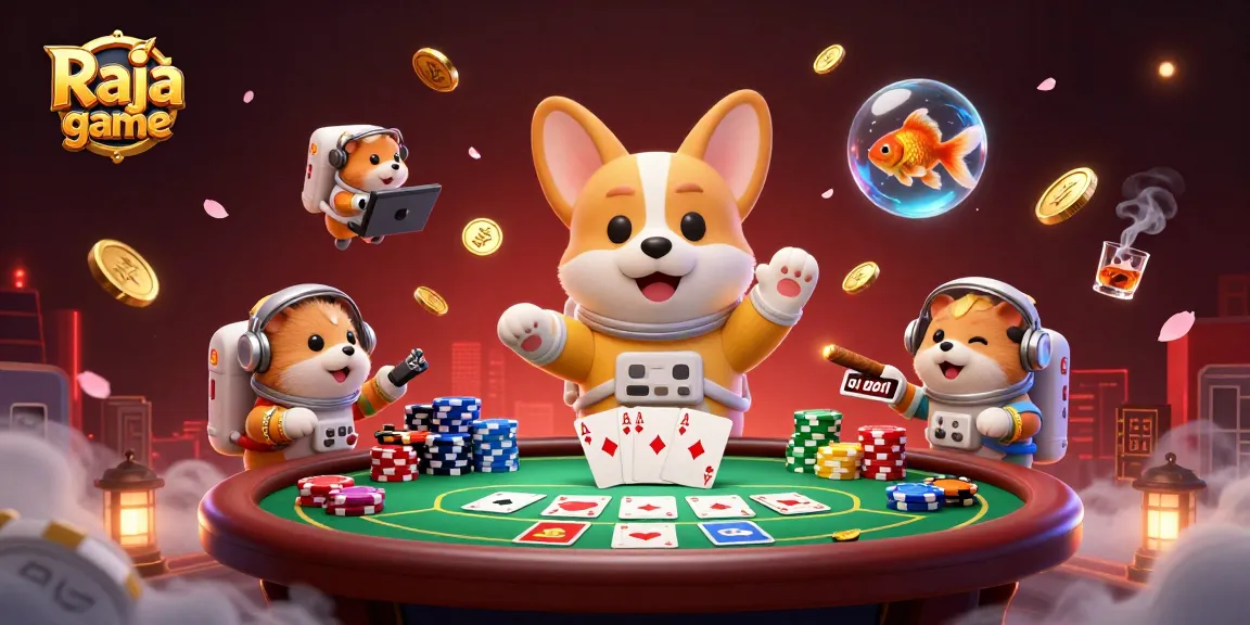 Experience thrilling gaming with Raja game amidst floating chips and characters in a vibrant casino scene.