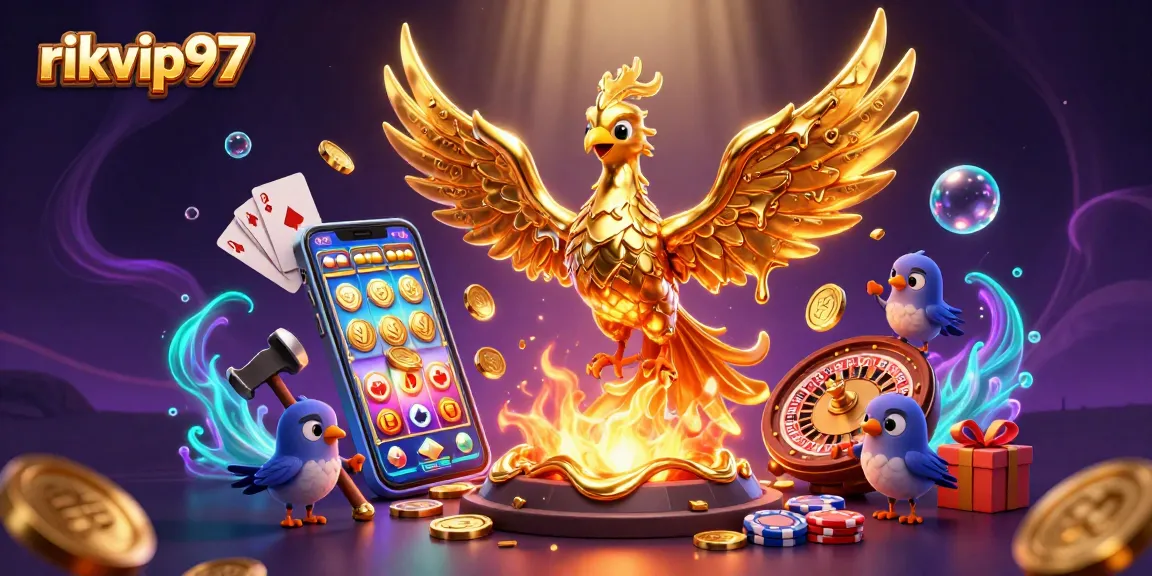 Play vibrant slot games with rikvip97 using a molten gold phoenix and dynamic casino elements.