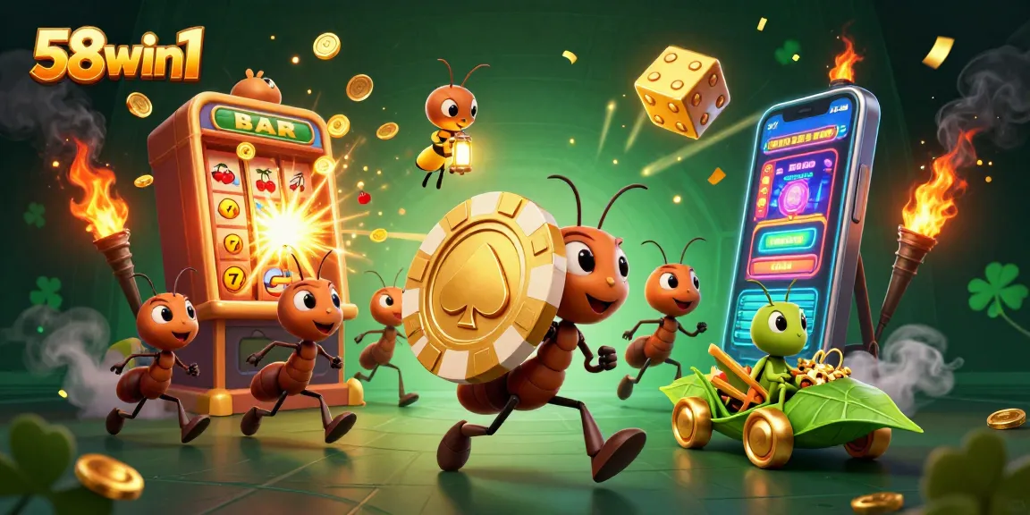Experience the thrill of winning at 58win1 while ants carry a massive poker chip through a vibrant casino scene.