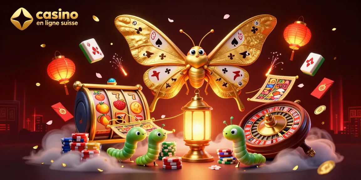 Illustration d'une scène de casino en ligne suisse agréé avec un papillon Atlas et des éléments de jeux dynamiques.