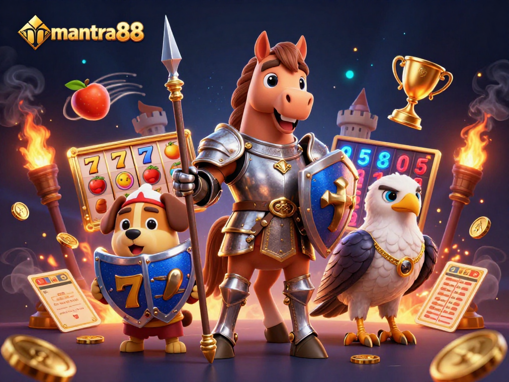 Spin the reels and win at mantra88, featuring dynamic slot symbols in a vibrant casino scene.