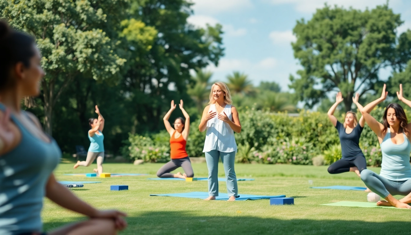 Engaging group yoga session promoting a Healthy Life in a tranquil outdoor setting.