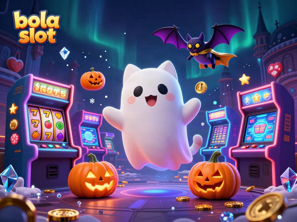 Engage with bola slot's fun theme featuring a ghost cat and bat amidst glowing slot machines.