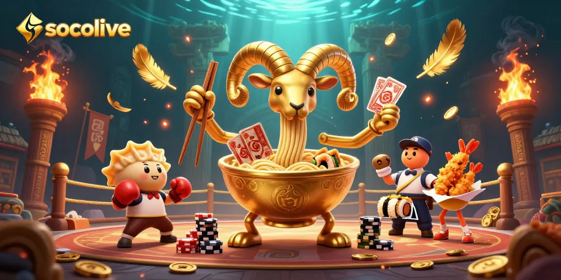 Socolive showcases an exhilarating 3D illustration of a colorful culinary-themed card game scene, energizing viewers.