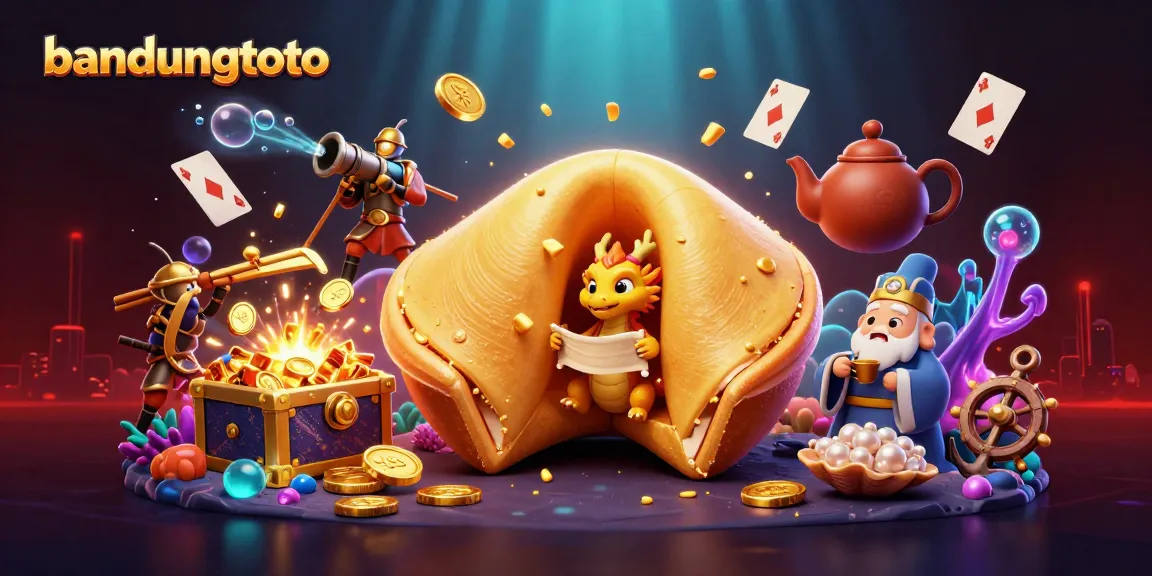 Engage with bandungtoto's vibrant 3D illustration featuring a golden fortune cookie and whimsical dragon.