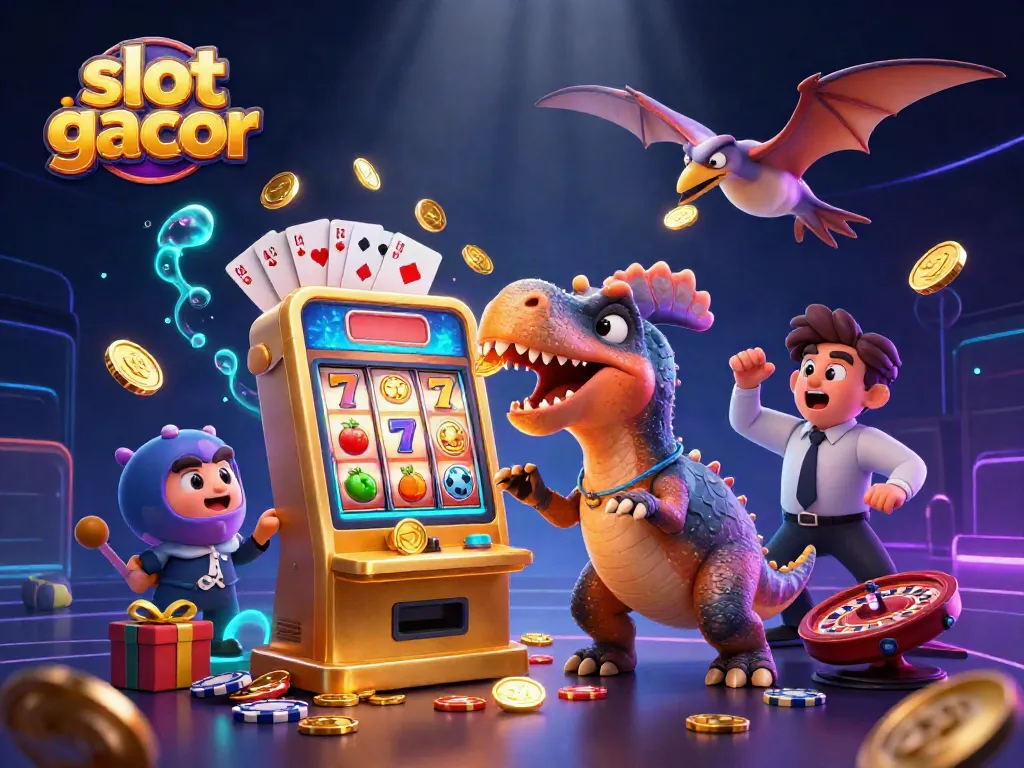 Experience explosive wins with slot gacor as a dinosaur battles a slot machine for riches.