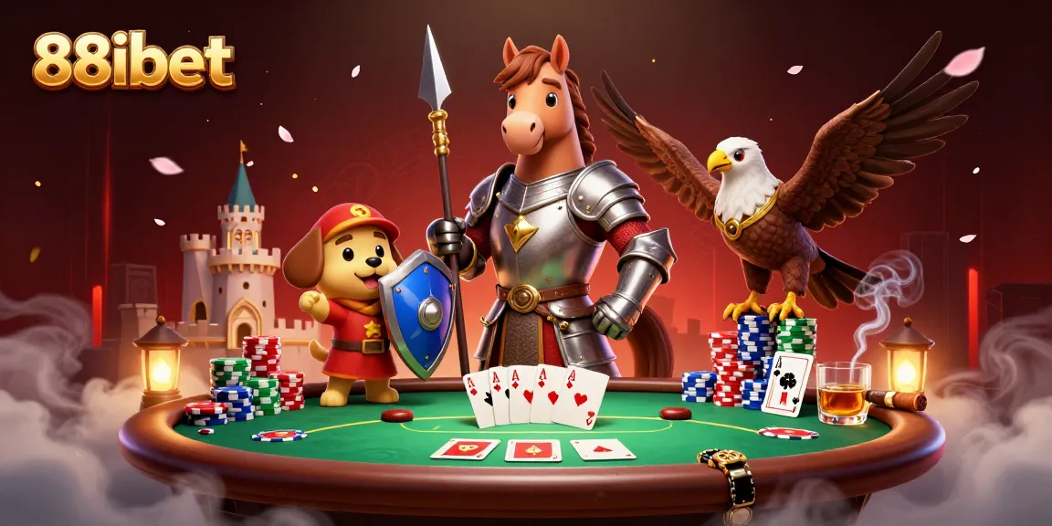 Experience exciting poker gameplay at 88ibet with a knight, squire, and falcon in a vibrant 3D scene.