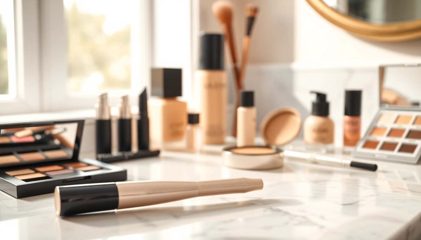 Angled concealer brush showcased on a marble vanity with warm lighting and makeup products.