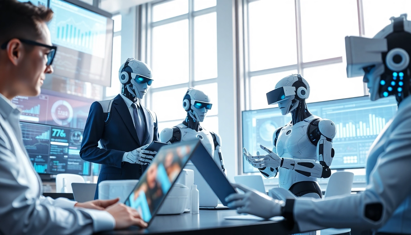 AI Bots collaborating in a futuristic workspace, showcasing advanced technology.