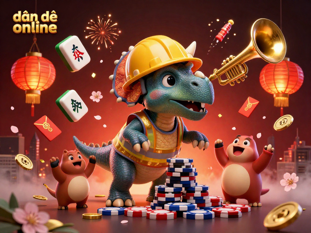 Engage in đánh đề online with a vibrant 3D illustration celebrating poker chip creativity and festive elements.