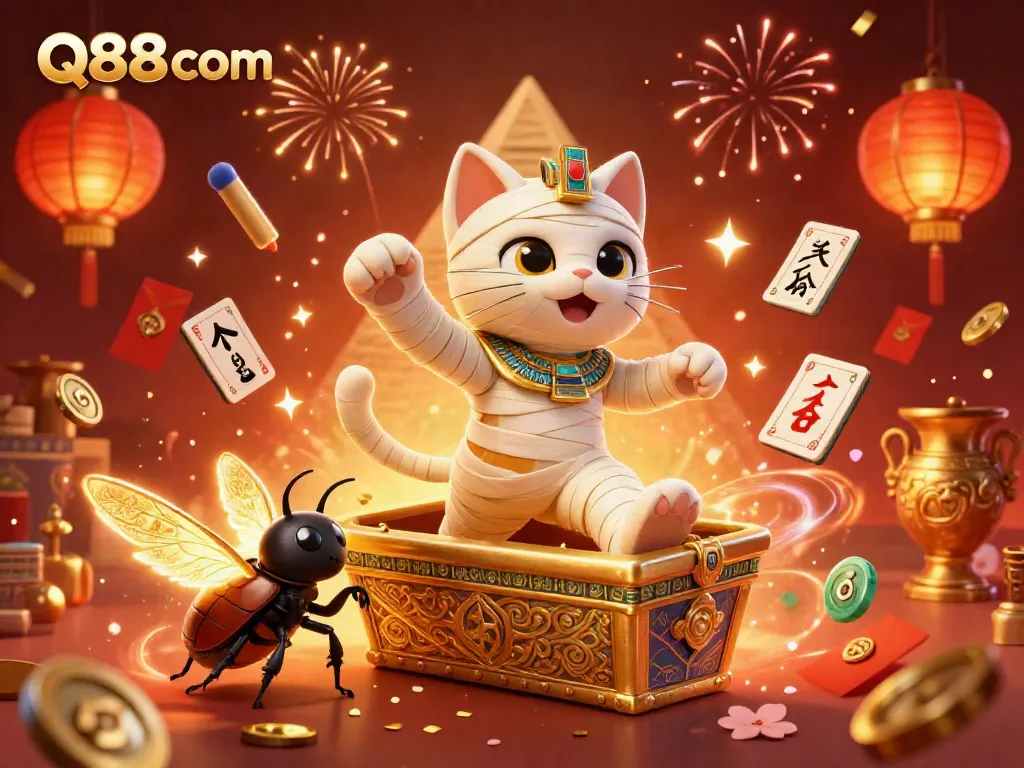 Experience the vibrant energy of Q88 com with a lively scene of Egyptian-themed casino characters and festive elements.