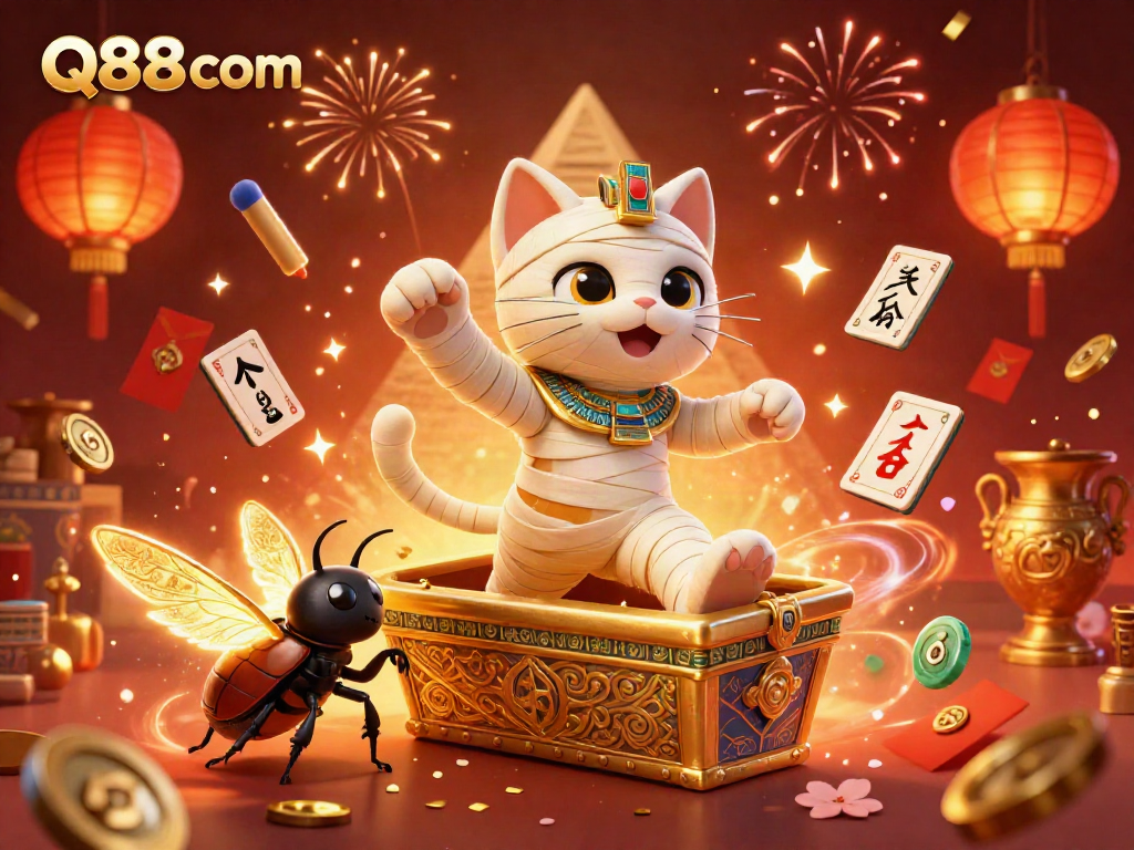 Experience the vibrant energy of Q88 com with a lively scene of Egyptian-themed casino characters and festive elements.