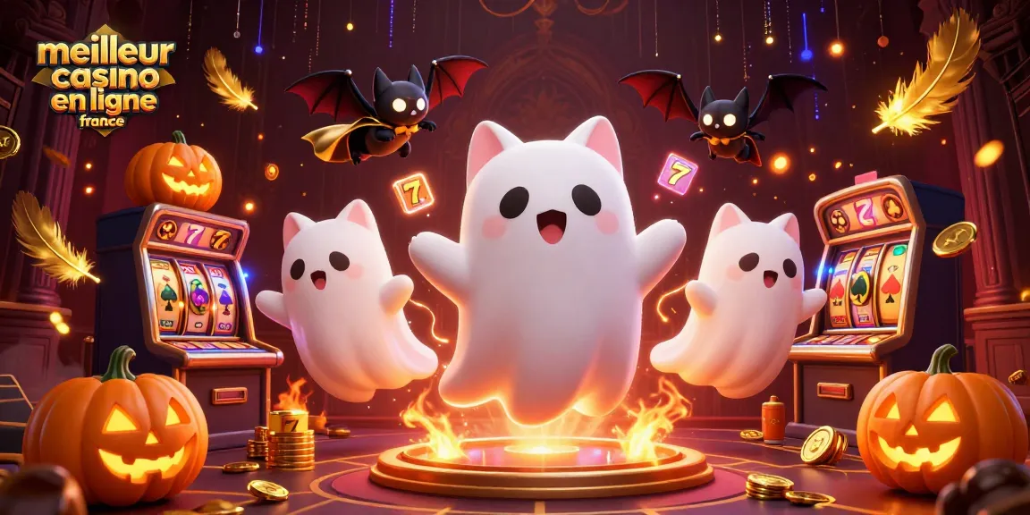La scène dynamique présente un chat fantôme amical et une chauve-souris vampire dans un casino fantastique pour le meilleur casino en ligne France.