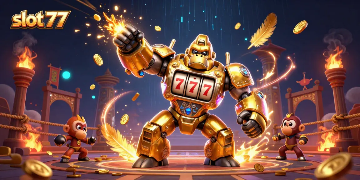 Experience the thrill of slot 77 with a dynamic 3D casino scene featuring a golden mech and vivid elements.