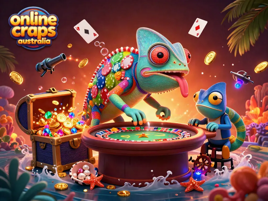 Play online craps Australia with this vibrant 3D illustration featuring casino elements and chameleon.