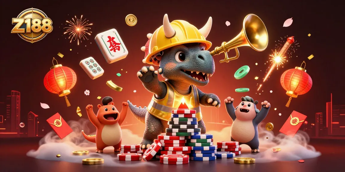 Join Z188 excitement as a triceratops constructs a poker chip pyramid amidst festive casino elements.