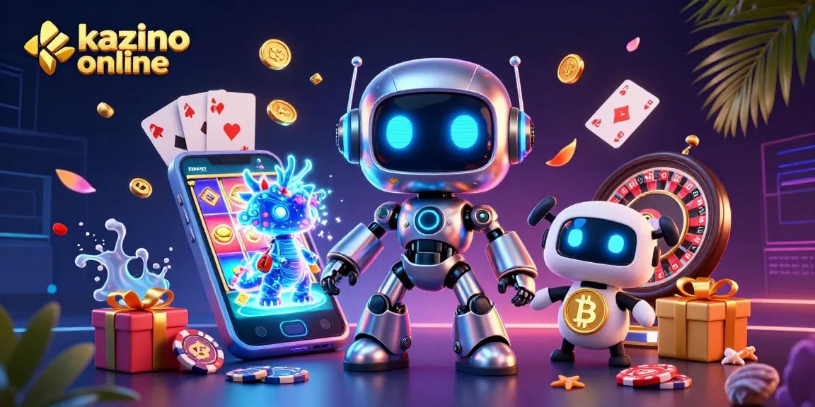 Uživajte v igrah v kazino online s 3D ilustracijo robota in digitalnimi elementi iger.