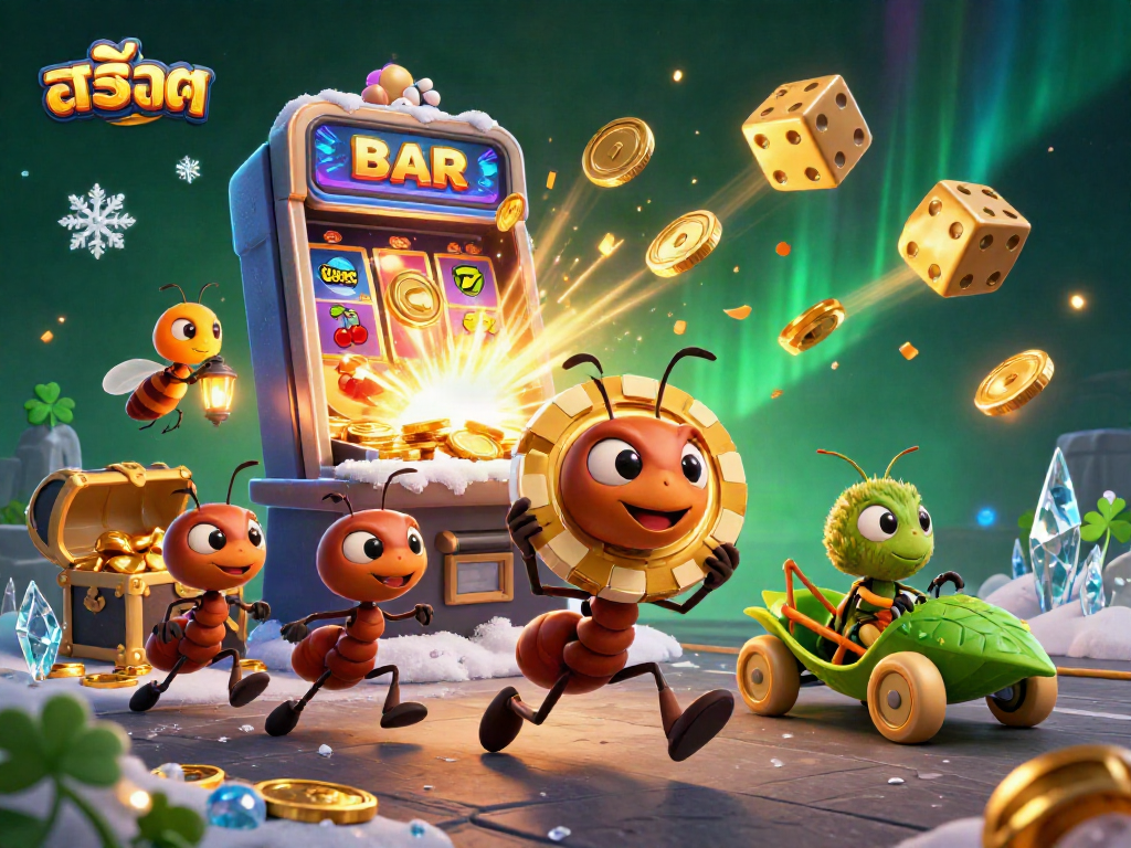 Engaging scene showcasing ants in a heist with golden poker chips and vibrant casino elements, enhancing สล็อต excitement.