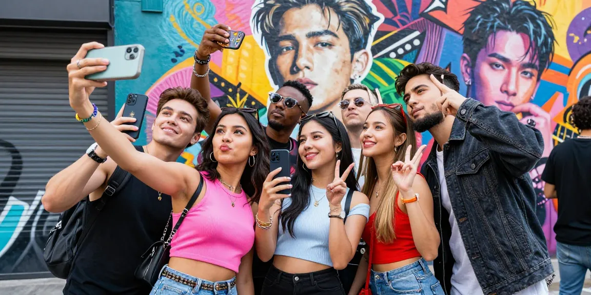 Friends enjoying a vibrant celebrity look alike mural backdrop, capturing moments on smartphones.
