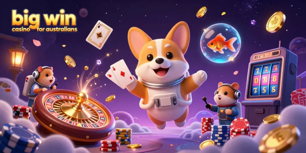 Engage with the big win casino for australians in an exciting cosmic adventure featuring a floating astronaut corgi.