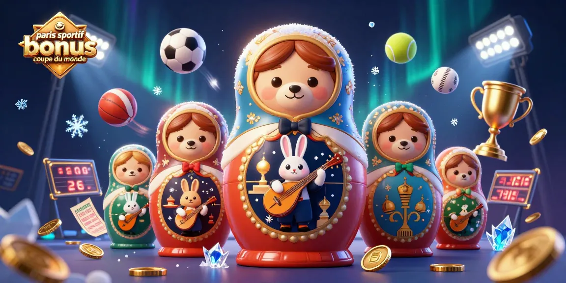 Pari sportif bonus Coupe du Monde avec une illustration dynamique de jeux et personnages.