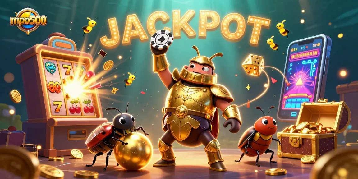 Experience the thrill of mpo500 with a cartoon beetle in golden armor lifting a poker chip in a vibrant casino scene.