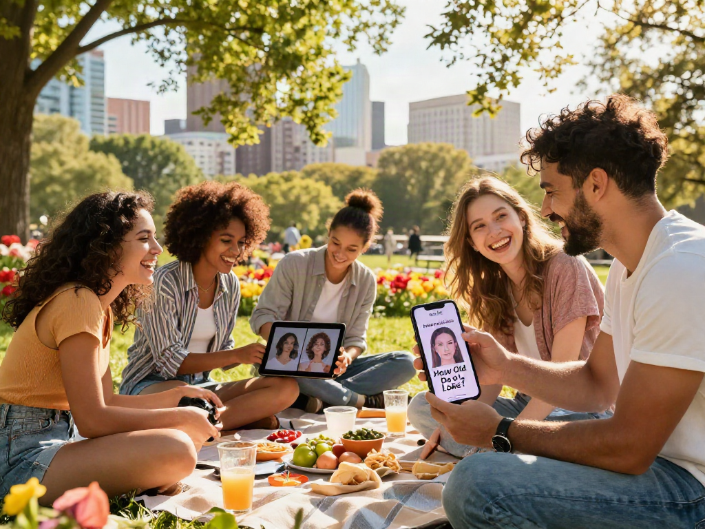 Group of friends joyfully testing an app to see how old do I look in a sunny urban park.