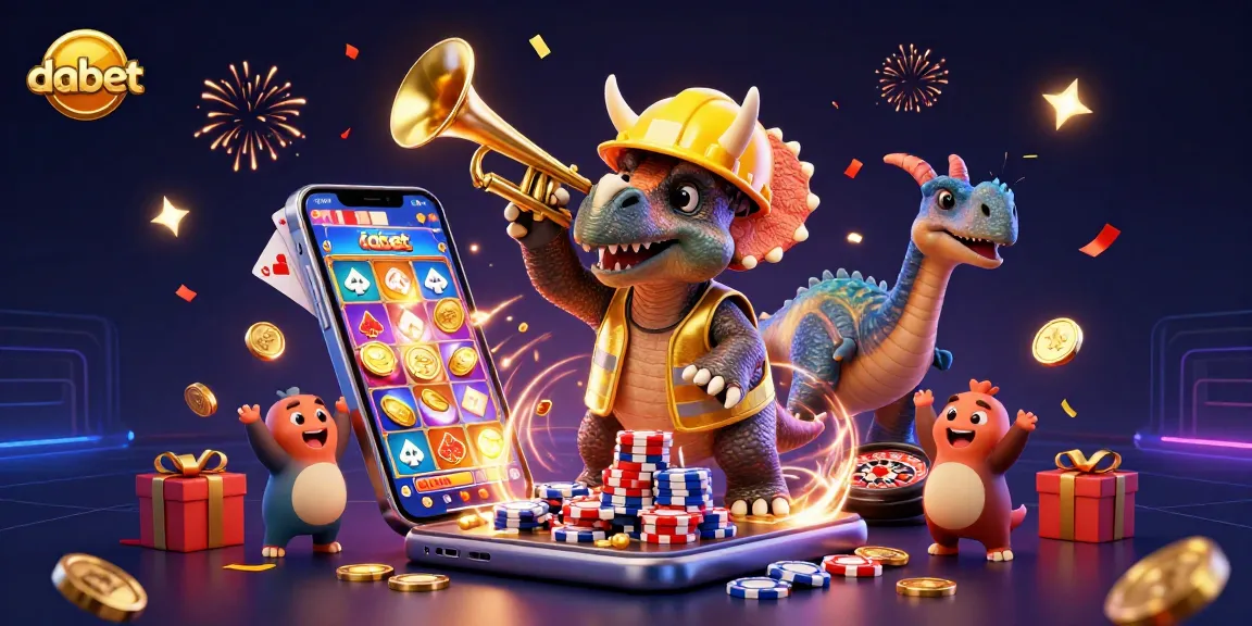 Dabet evokes excitement with a vibrant casino scene showcasing a lively triceratops and cheerful characters.